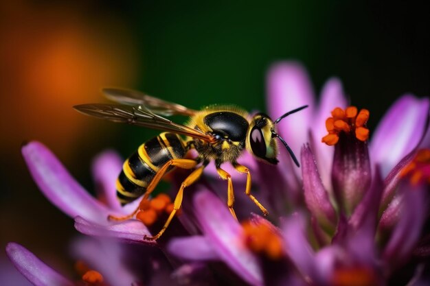 Un'ape su un fiore viola con uno sfondo sfocato.