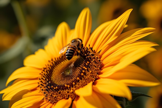 Un'ape su un girasole con un centro giallo