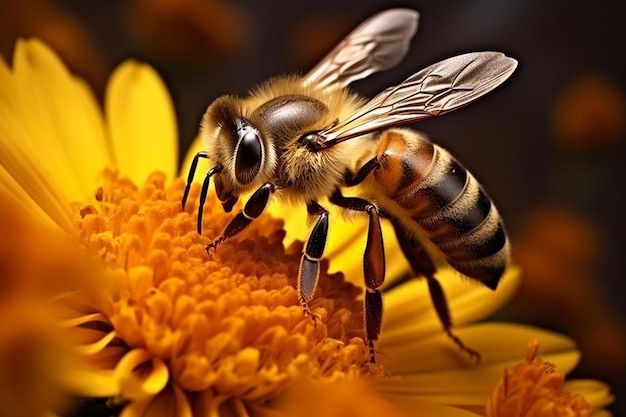 un'ape su un girasole con uno sfondo giallo.