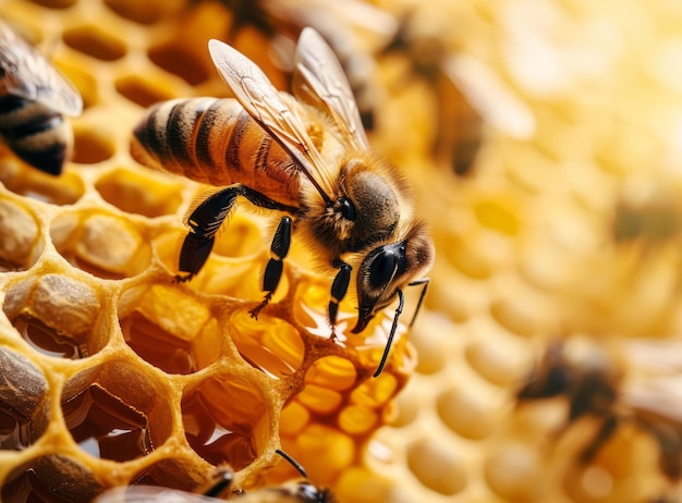 Un'ape su un nido di miele pieno di miele dorato Dettagli e colori vividi che mostrano la bellezza naturale
