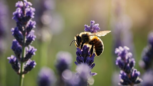 Un'ape sui fiori di lavanda Un'ape che impollina i fiori di Lavanda
