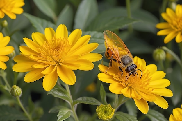Un'ape sul fiore giallo nel giardino della flora colorata