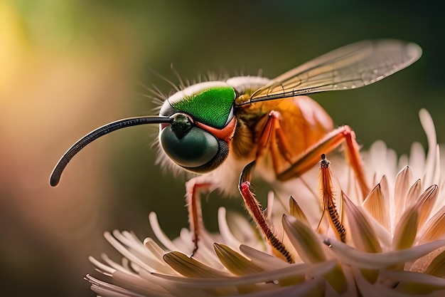 Un'ape verde e nera si siede su un fiore.