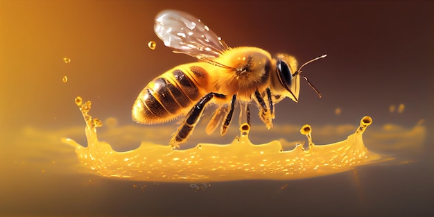 Un'ape vola in un liquido giallo con una goccia di liquido sullo sfondo.