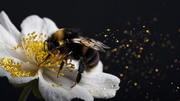 Un'ape volante che raccoglie il polline al fiore Un'ape che vola sopra il fiore