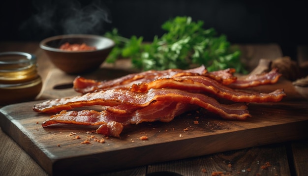 Un aperitivo di pancetta alla griglia su un tavolo da taglio in legno generato dall'AI