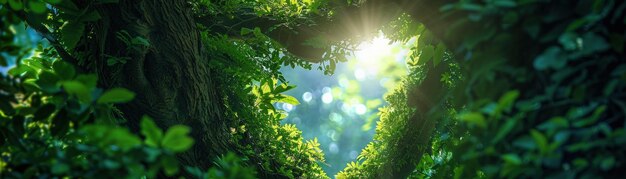 Un'apertura naturale a forma di cuore nel lussureggiante baldacchino verde di una foresta con la luce solare che scorre attraverso
