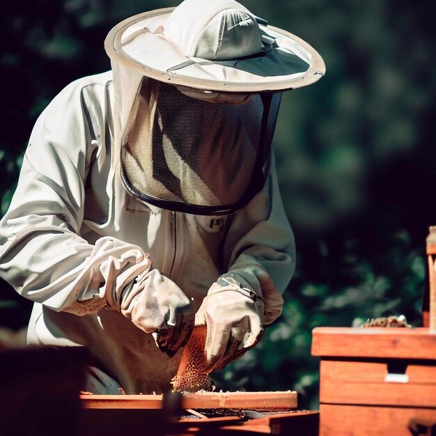 Un apicoltore che lavora su un pannello per api