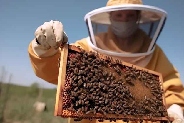 Un apicoltore maschio raccoglie il miele in una giornata di sole Il processo di raccolta del miele nell'apiario