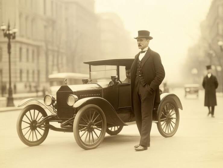 Un appassionato di auto d'epoca posa elegantemente su una strada trafficata della città all'inizio del XX secolo