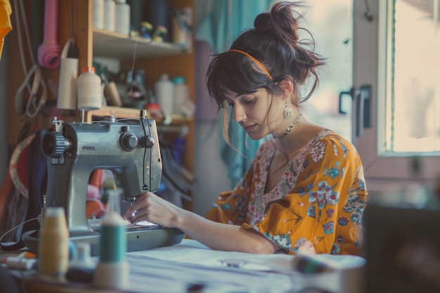 Un appassionato di fai-da-te cuce e cuce felicemente tessuti per creare disegni di abbigliamento unici in una vivace sala da cucire