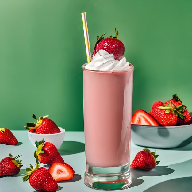 un appetitoso frullato di fragola con un delizioso topping di crema