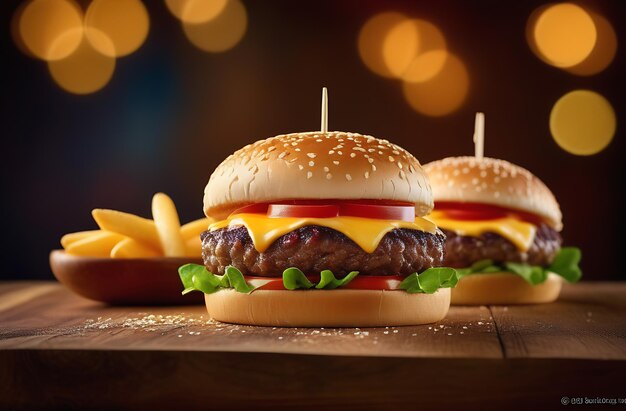 Un appetitoso panino di hamburger frullato di semi di sesamo con patate al formaggio fuso