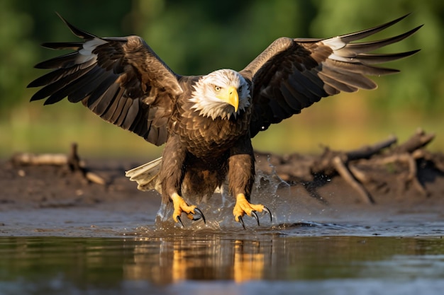 un'aquila calva che atterra su uno specchio d'acqua