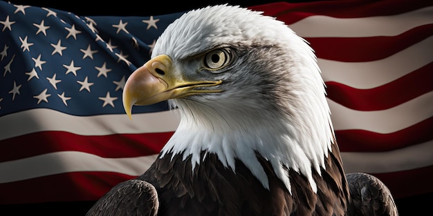 Un'aquila calva con una bandiera USA sullo sfondo