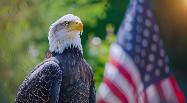 Un'aquila calva in piedi davanti a una bandiera americana