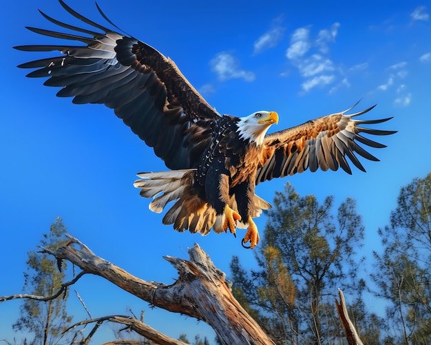 un'aquila calva sdraiata su un albero in un cielo blu limpido