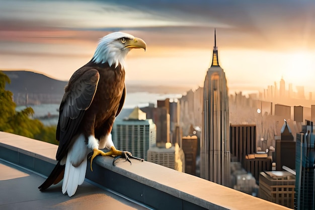 Un'aquila calva siede su un tetto che domina l'Empire State Building