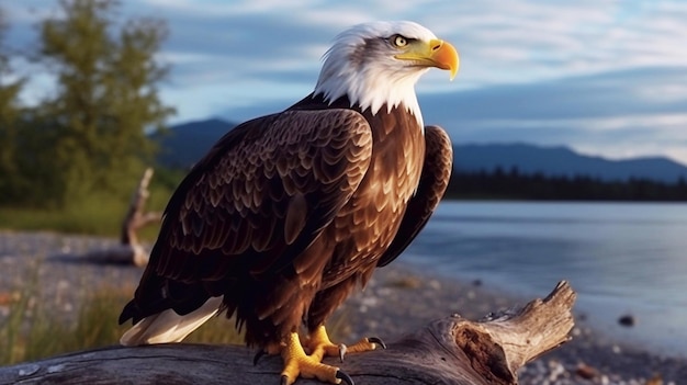 Un'aquila calva siede su un tronco di fronte a un lago con le montagne sullo sfondo