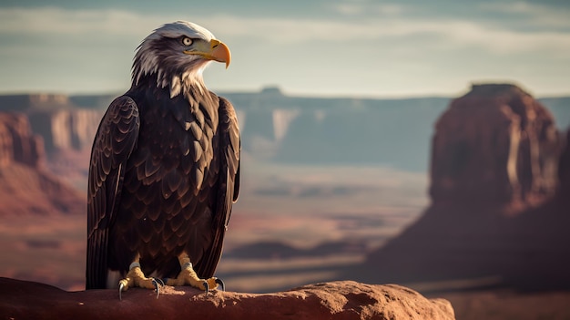 Un'aquila calva siede su una roccia nel deserto.