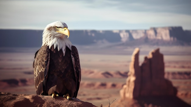 Un'aquila calva siede su una roccia nel deserto.