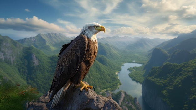 Un'aquila calva siede sulla cima di una montagna.