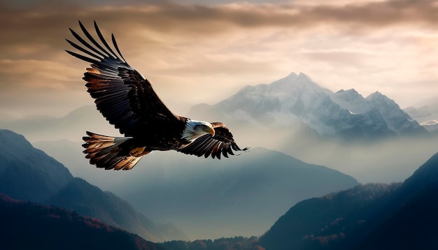 Un'aquila calva sorvola un paesaggio montano con le montagne sullo sfondo.