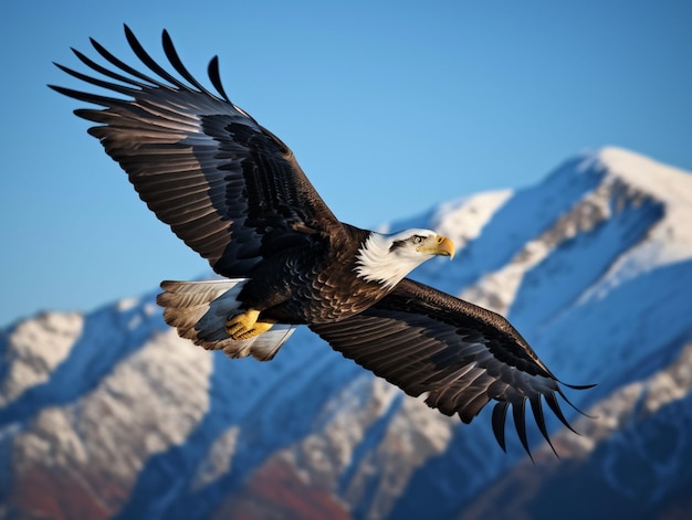 Un'aquila calva sorvola una catena montuosa.