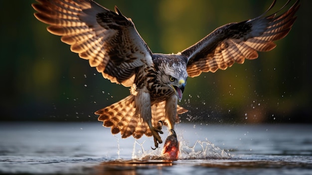 Un'aquila cattura con gli artigli una trota maculata dalla superficie del lago