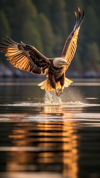 Un'aquila che atterra sull'acqua con il sole che splende sulle sue ali