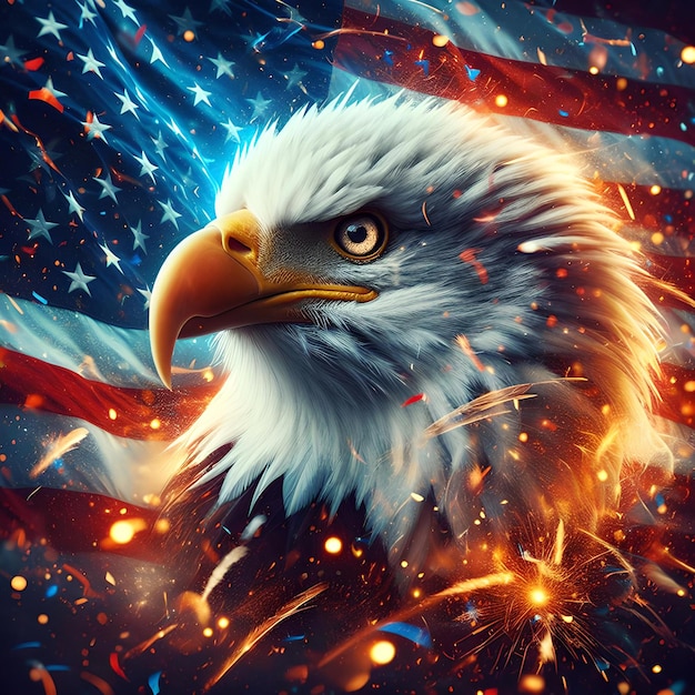 Un'aquila coraggiosa con sullo sfondo una bandiera americana per celebrare il Giorno dell'Indipendenza americana