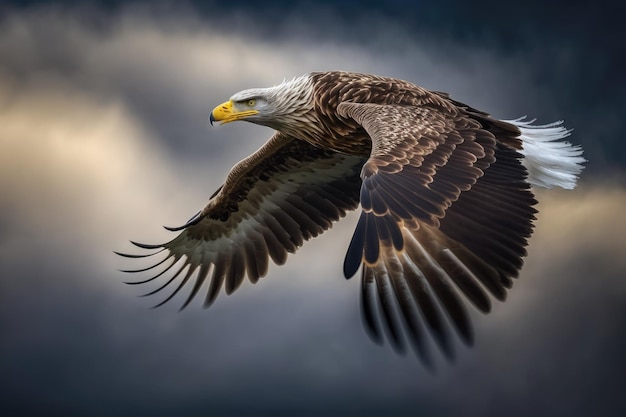 Un'aquila dalla coda bianca adulta in volo Dietro di loro c'era un cielo blu Haliaeetus albicilla