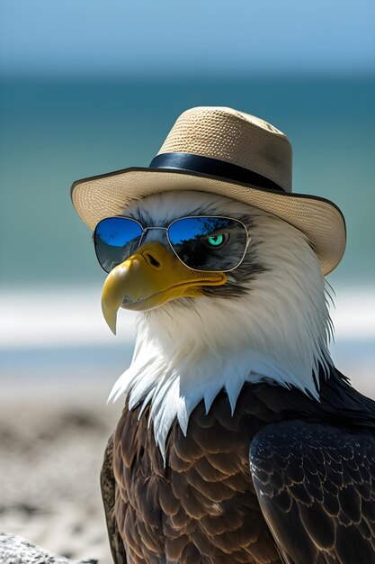 Un'aquila in spiaggia con gli occhiali