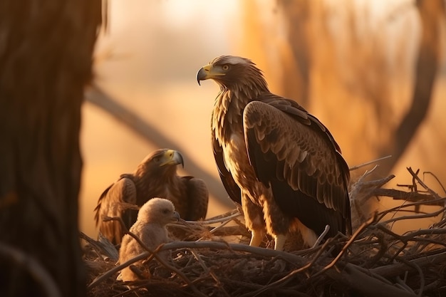 Un'aquila reale siede in un nido con il suo bambino.