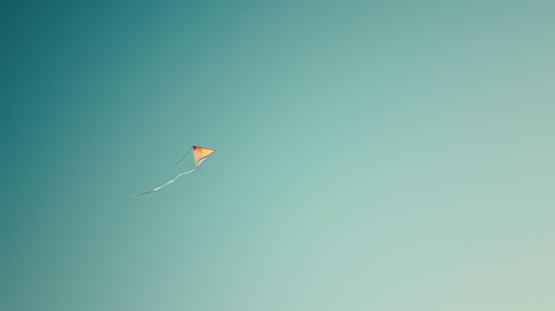 Un aquilone solitario vola in alto nel cielo L'aquilone è arancione e bianco Il cielo è blu e limpido L'acquilone vola verso la destra del fotogramma