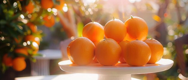 Un'arancia brillante artisticamente posizionata su un supporto di esposizione bianco bagnato dalla calda luce solare