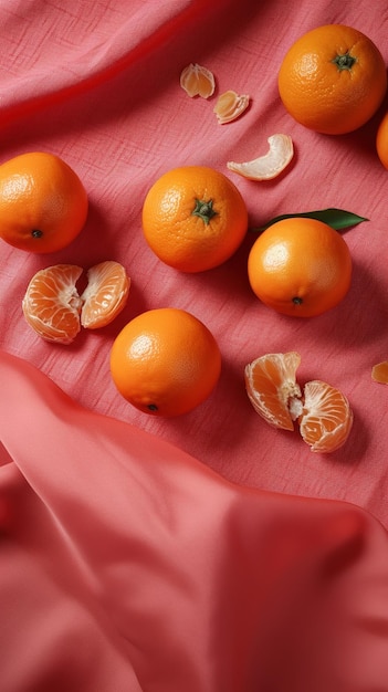 Un'arancia brillante è su un panno rosa con arance.