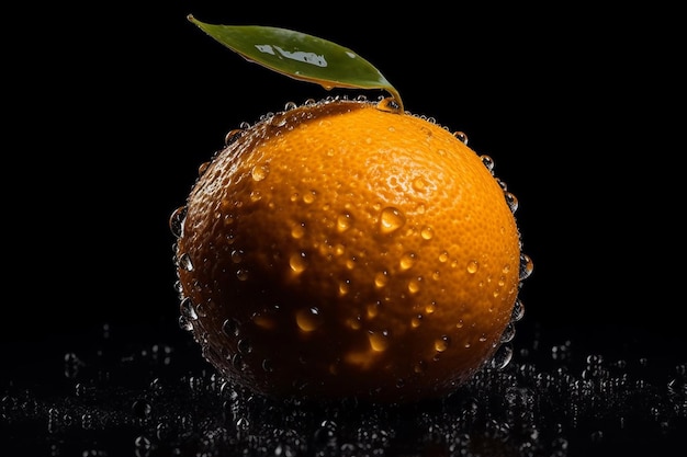 Un'arancia con sopra una foglia verde