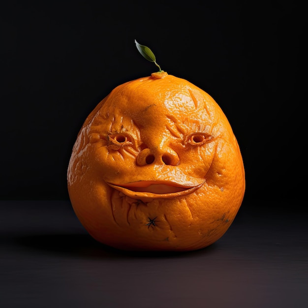 Un'arancia con una faccia ricavata da un volto umano.