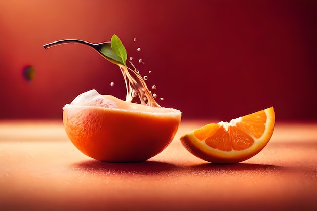 Un'arancia con una foglia schiacciata dentro