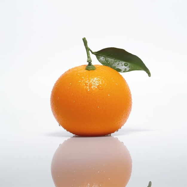 Un'arancia con una foglia sopra e la scritta a lato