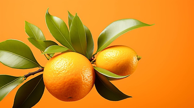 Un'arancia con una foglia verde su sfondo arancione