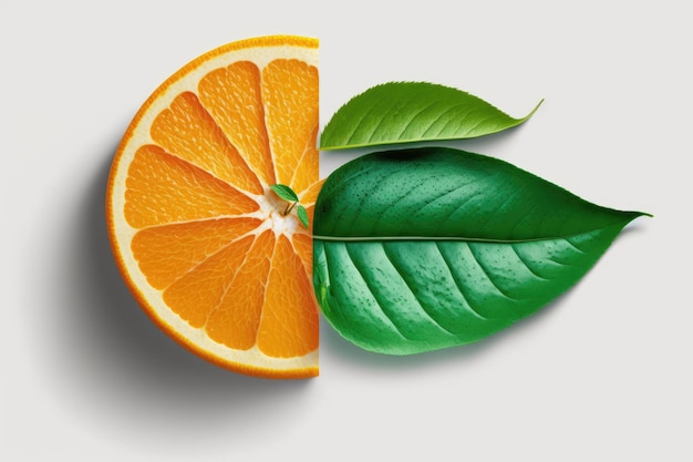 Un'arancia divisa in due e alcune foglie verdi su sfondo bianco