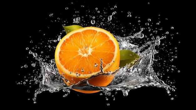 Un'arancia è nell'acqua con una spruzzata d'acqua