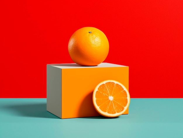 Un'arancia e un'arancia su un tavolo blu
