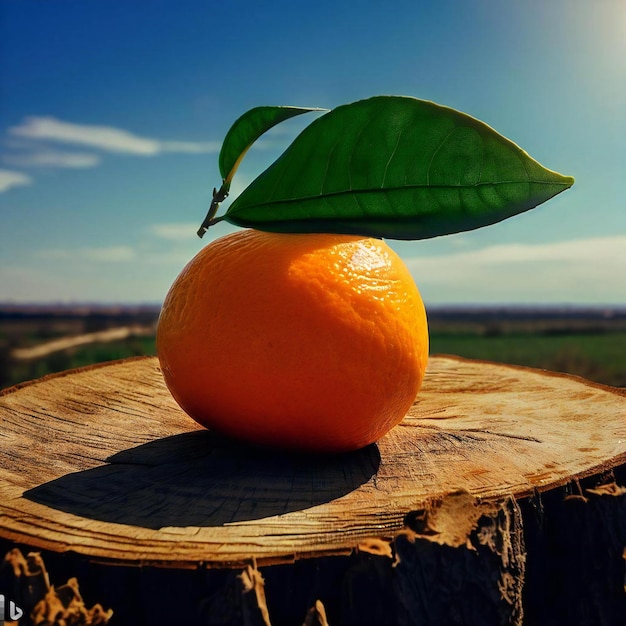 Un'arancia si trova su un tronco in campagna
