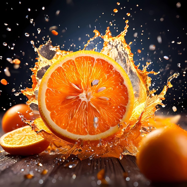 un'arancia spruzzata con acqua o spruzzo d'acqua