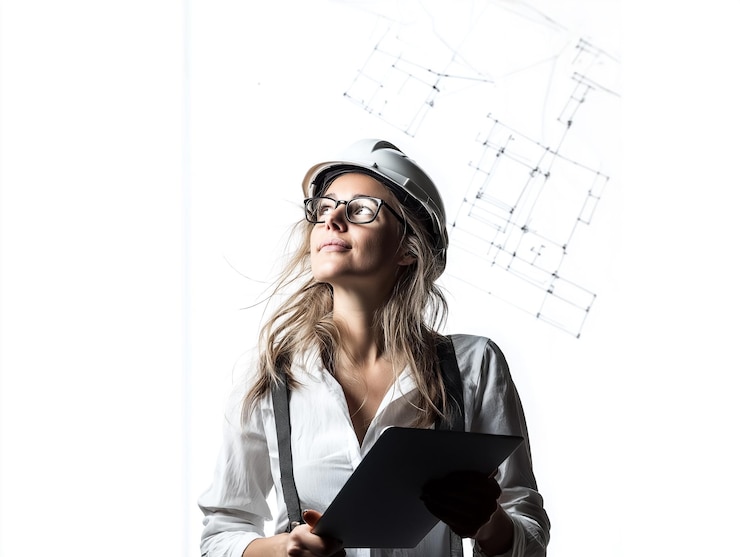 Foto un'architetto donna concentrata e determinata con un tablet digitale in ufficio