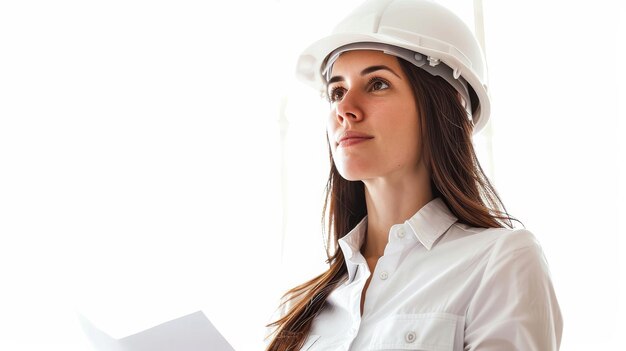 Un'architetto donna fiduciosa con un cappello rigido che rivede i piani architettonici e supervisiona un cantiere su uno sfondo bianco