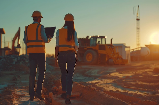 Un architetto maschio caucasico e una pianificatrice urbana ispanica camminano sul cantiere con un portatile.